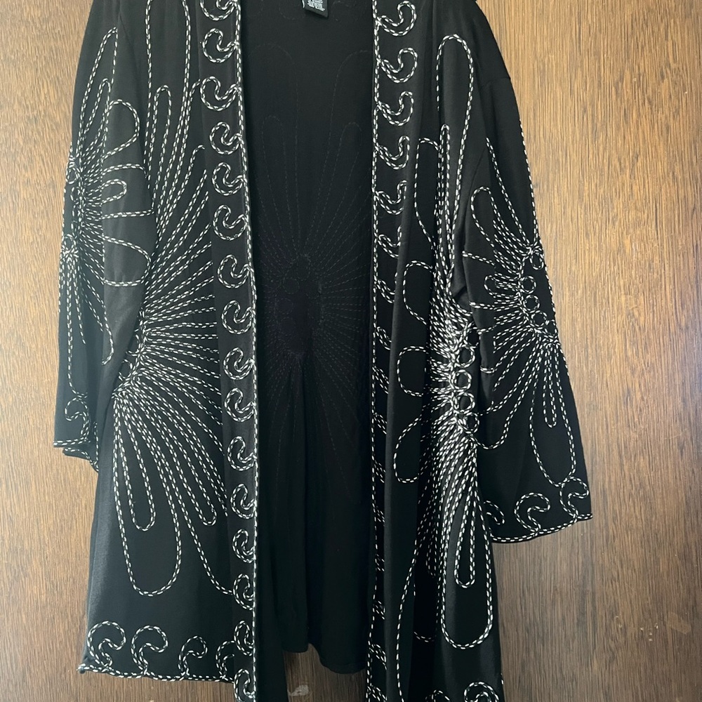Once Again Black Open-Front Cardigan with White Embroidered Floral Accents - Picture 2 of 4